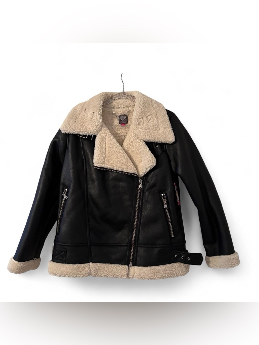 NWT Vince Camuto Black Faux Leather & Sherling Bomber Jacket